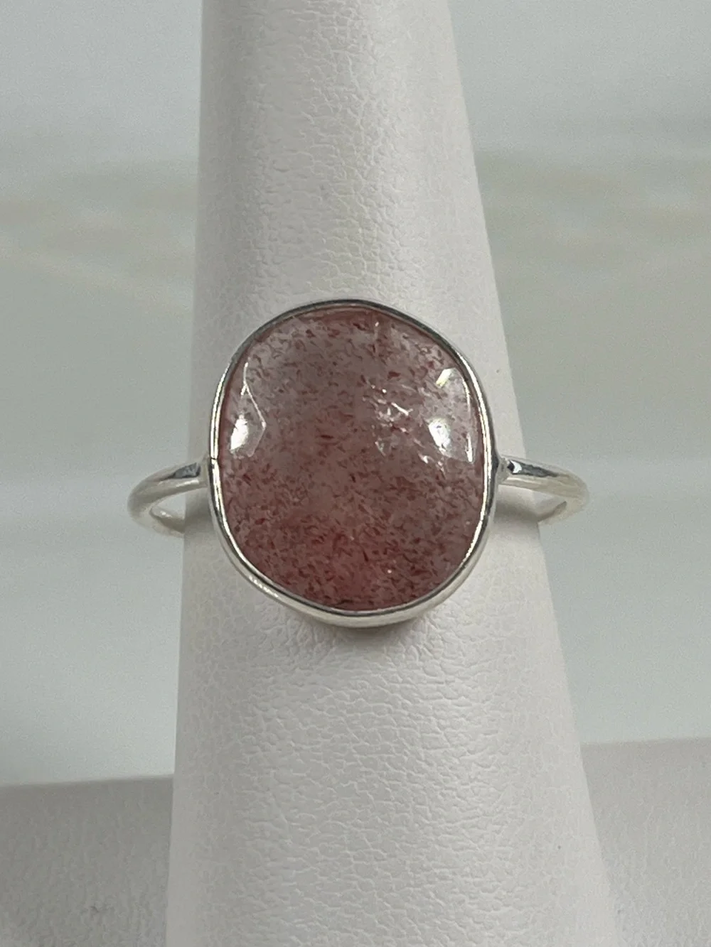 Solid Sterling Silver 925 Strawberry Quartz Gemstone Flat Stacker Ring Size 9